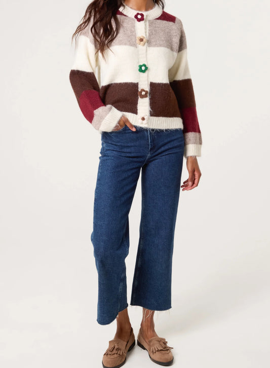 Flower Button Stripe Cardigan