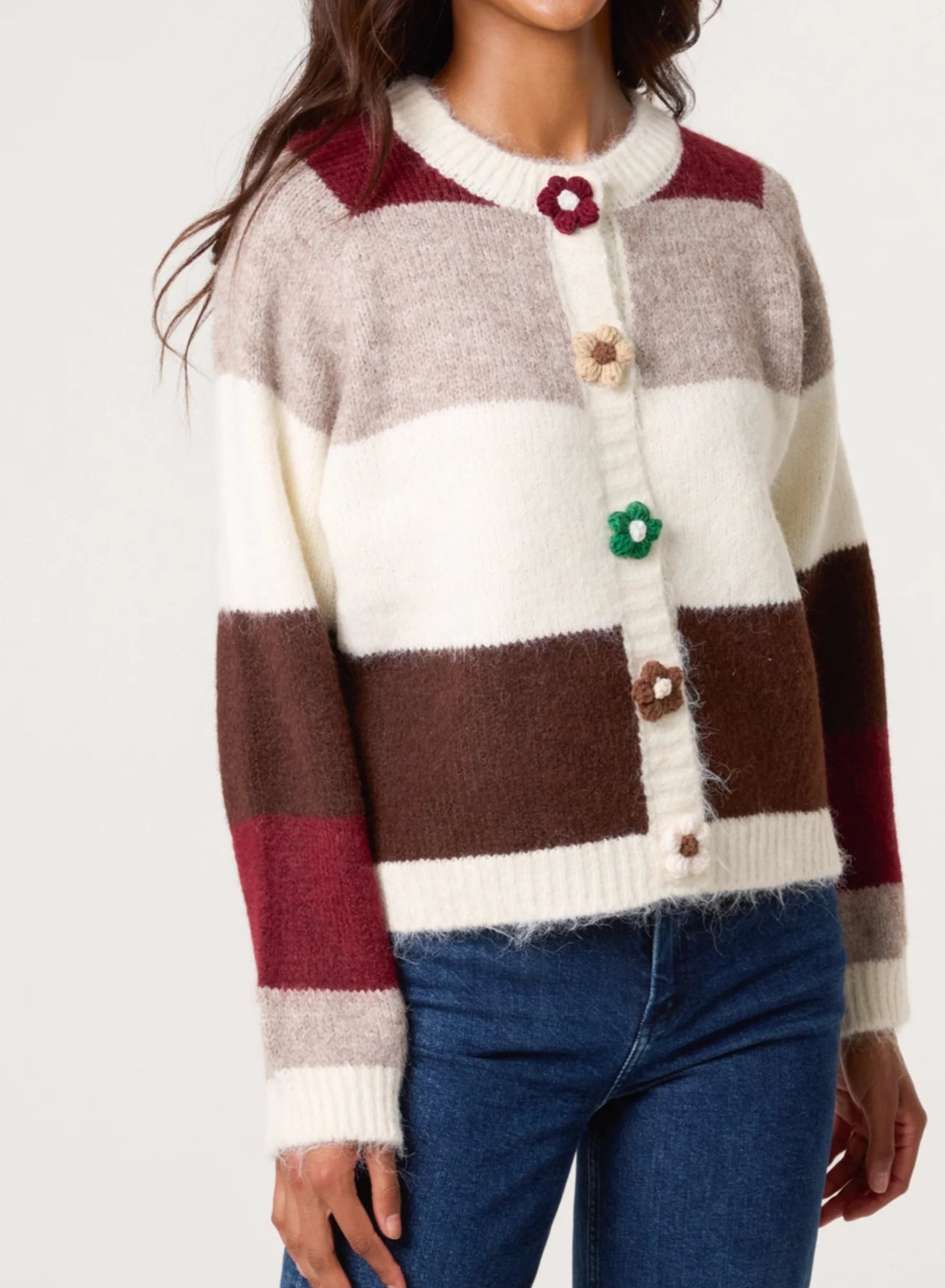 Flower Button Stripe Cardigan