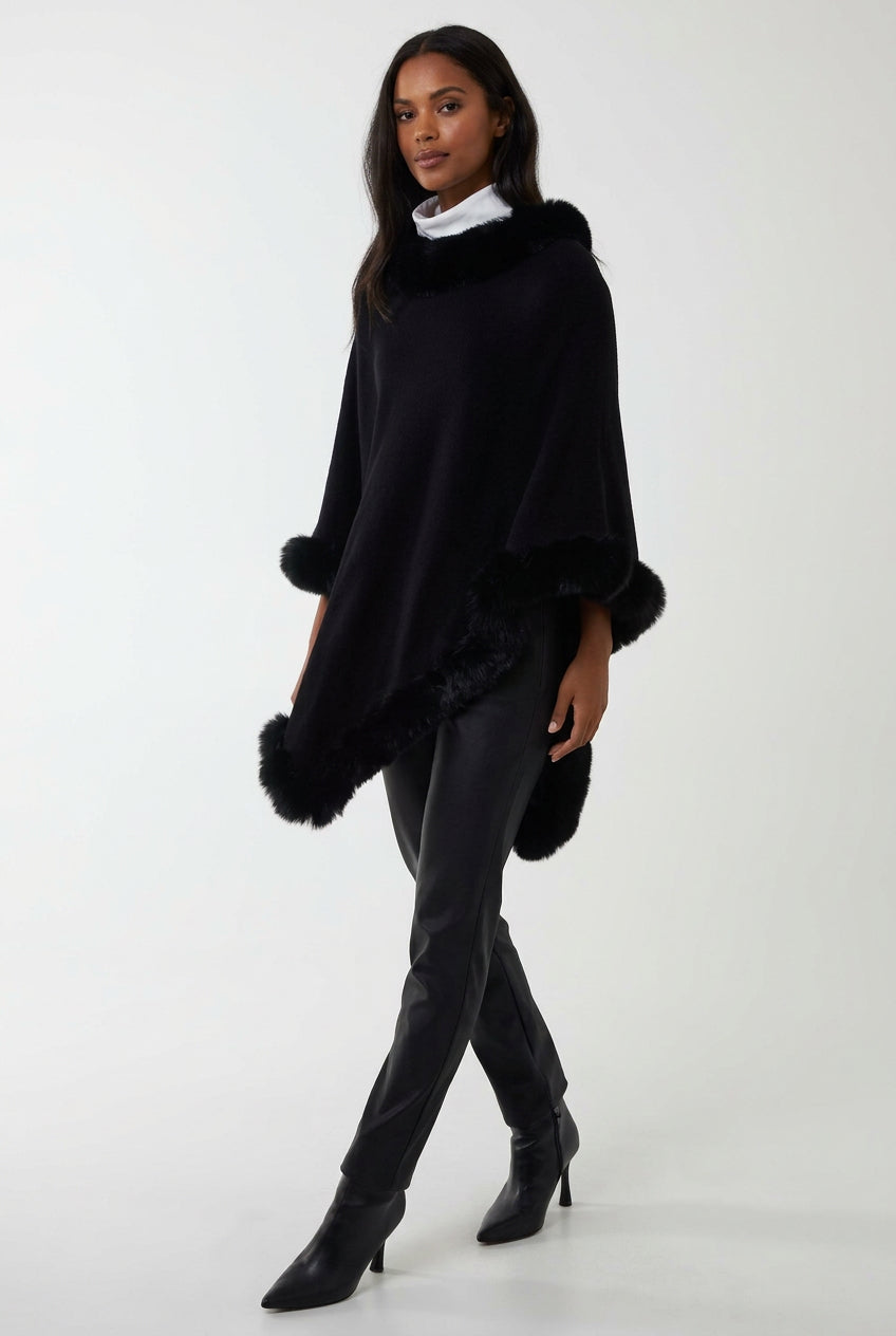Faux Fur Trim Poncho