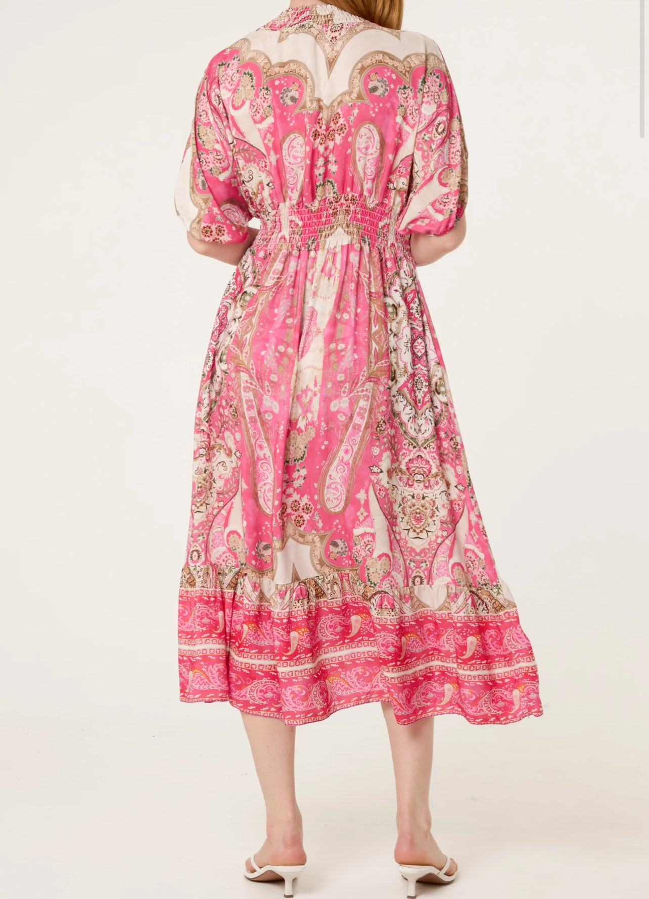 Pink Print Shirred Dress