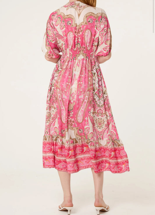 Pink Print Shirred Dress