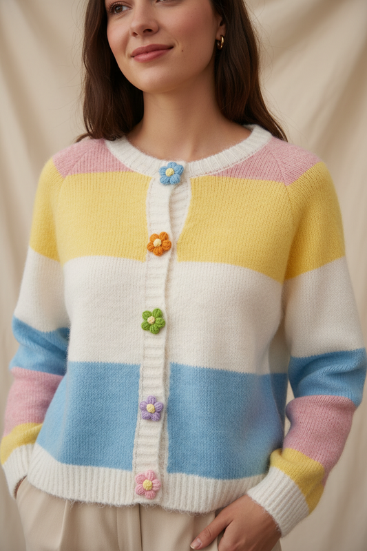 Block Button Flower Cardigan