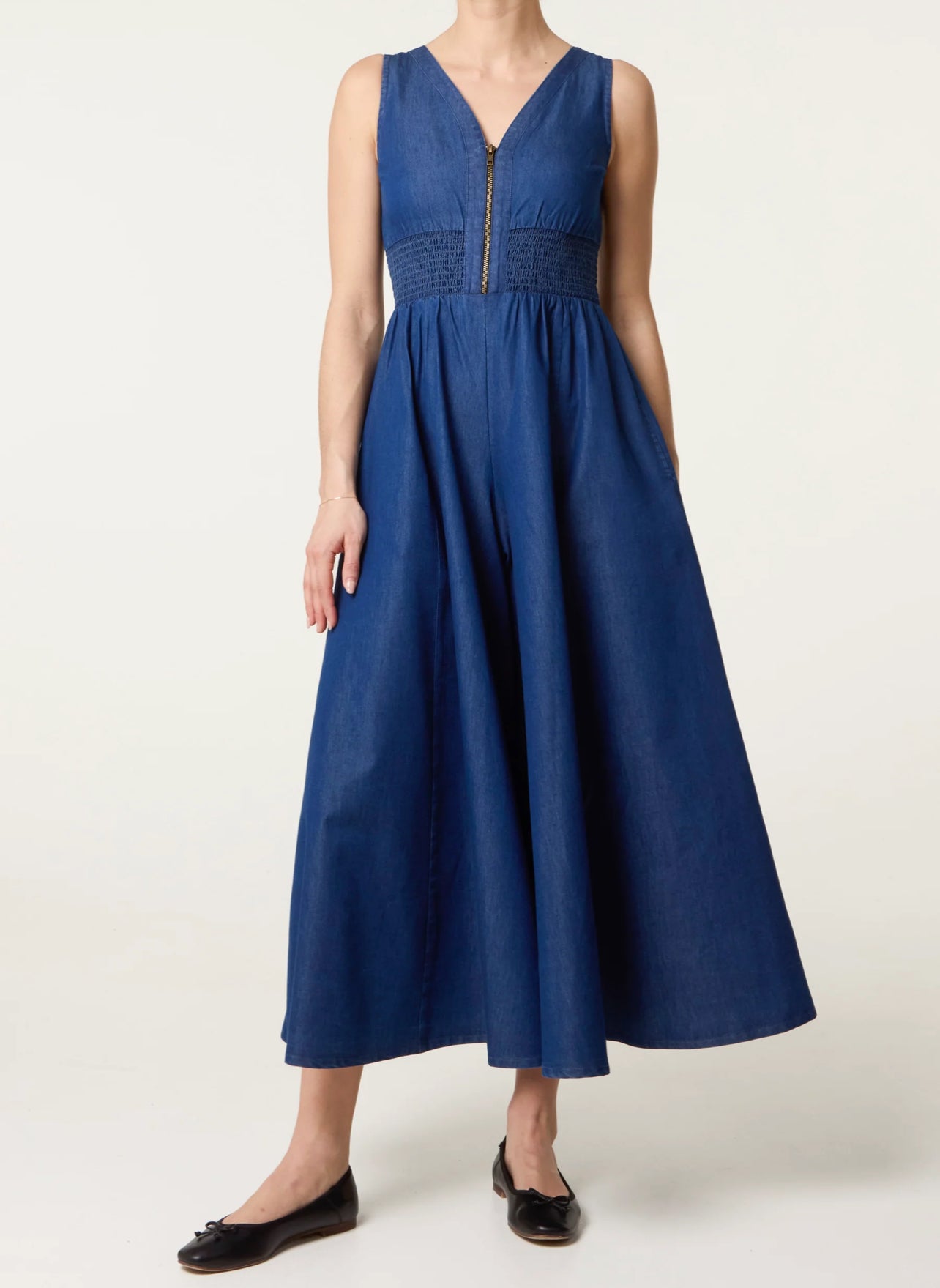 Zip Front Shirred Denim Culottes