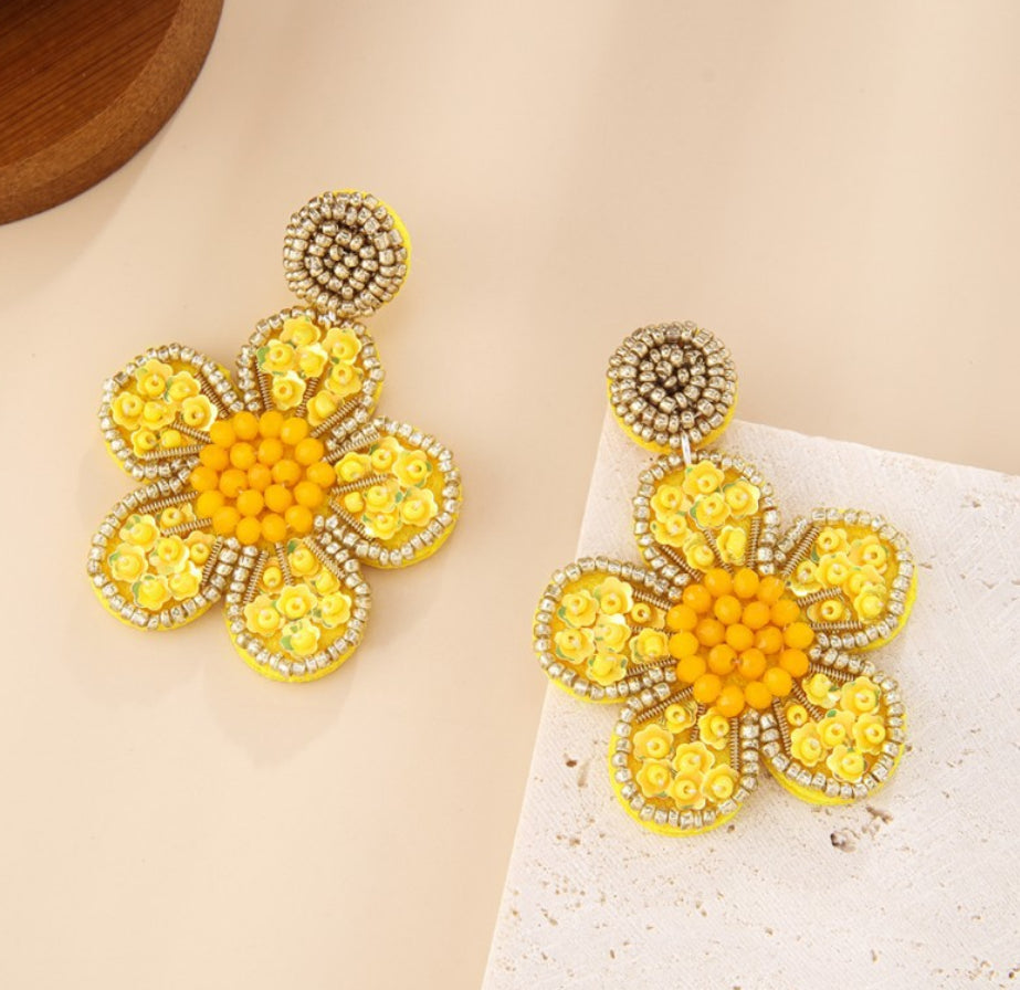 Beaded Flower Drop Earrings