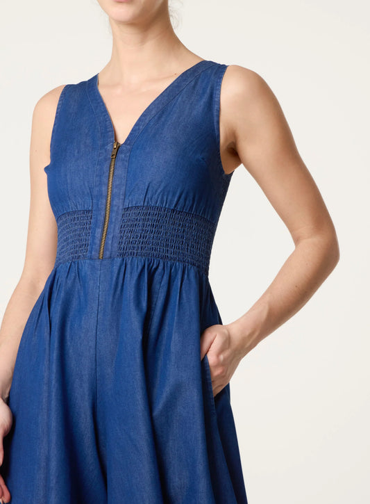 Zip Front Shirred Denim Culottes