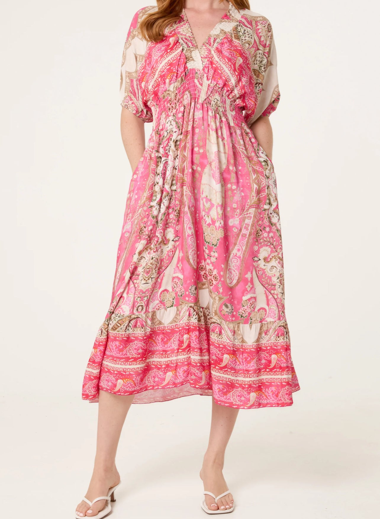 Pink Print Shirred Dress