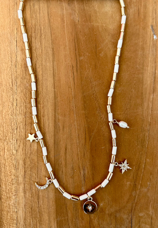 Beaded moon and star necklace