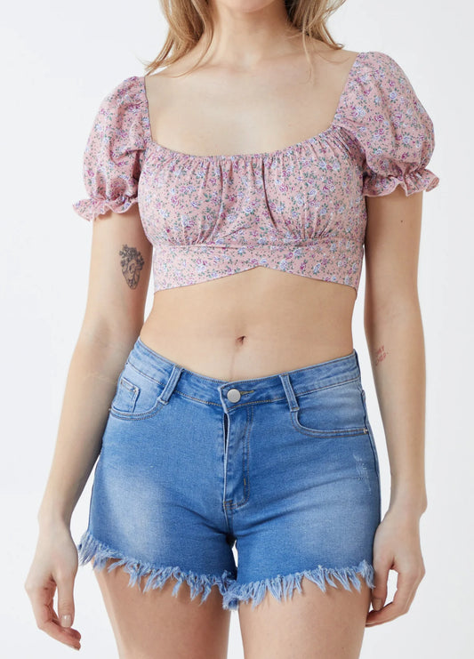 Floral Puff Sleeve Crop Top
