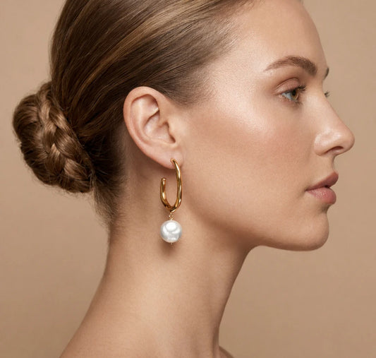 Hammered C-Shaped Metal and Pearl Drop Earrings
