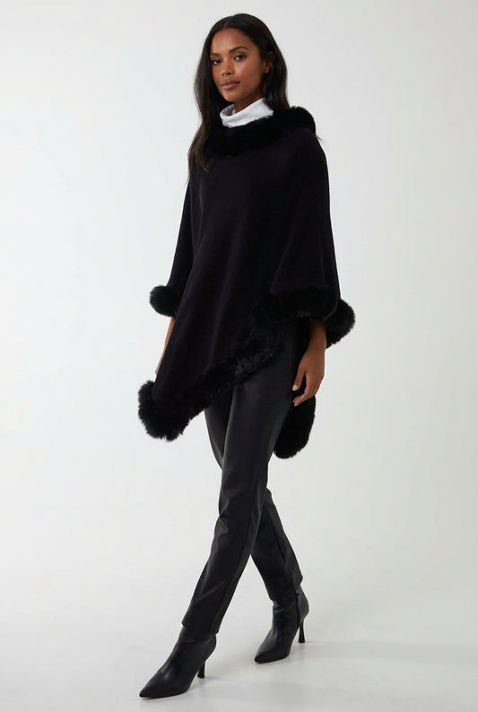 Faux Fur Trim Poncho