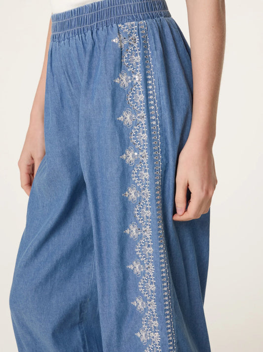Embroidered Seam Denim Trouser