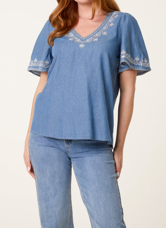 Embroidered Denim Top