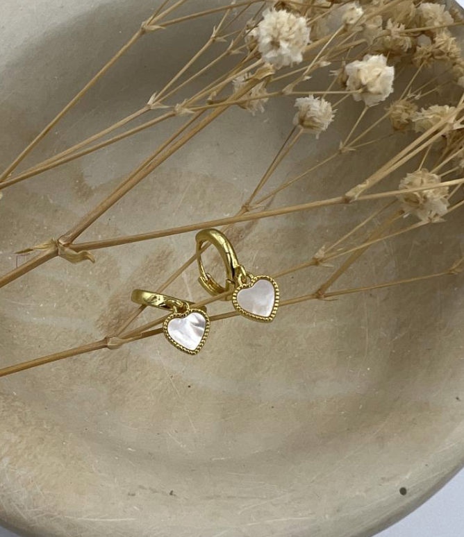 Heart charm huggie in mother of pearl
