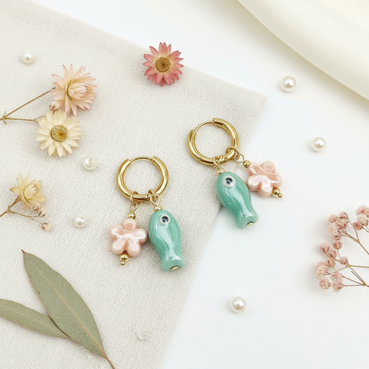 Ceramic Fish & Flower Pendant Huggie