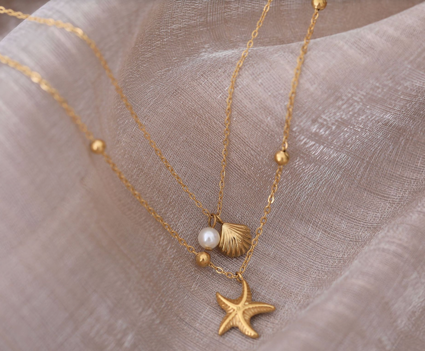 Ballchain twin necklace with starfish