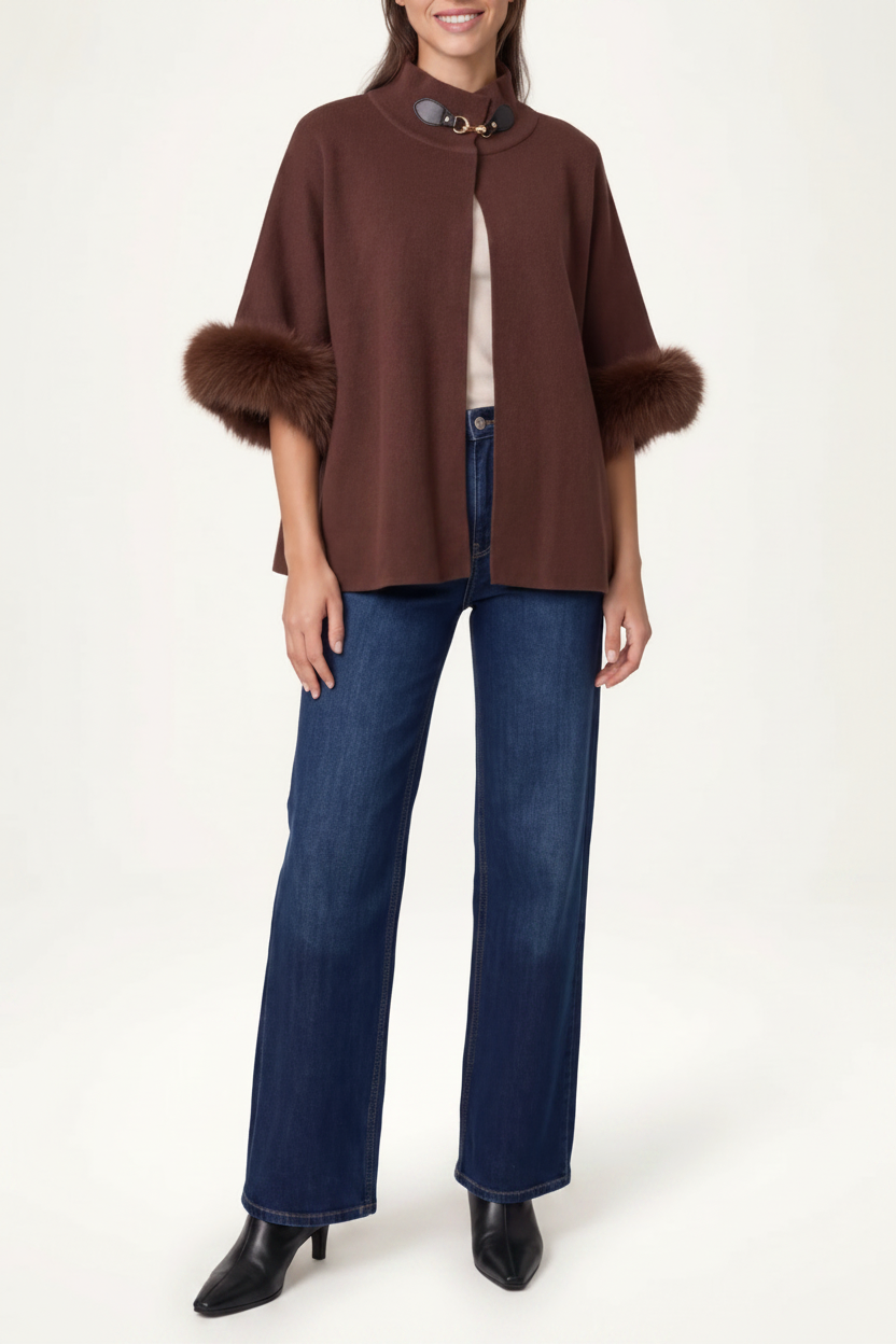 Fur Cuff Funnel Neck Poncho