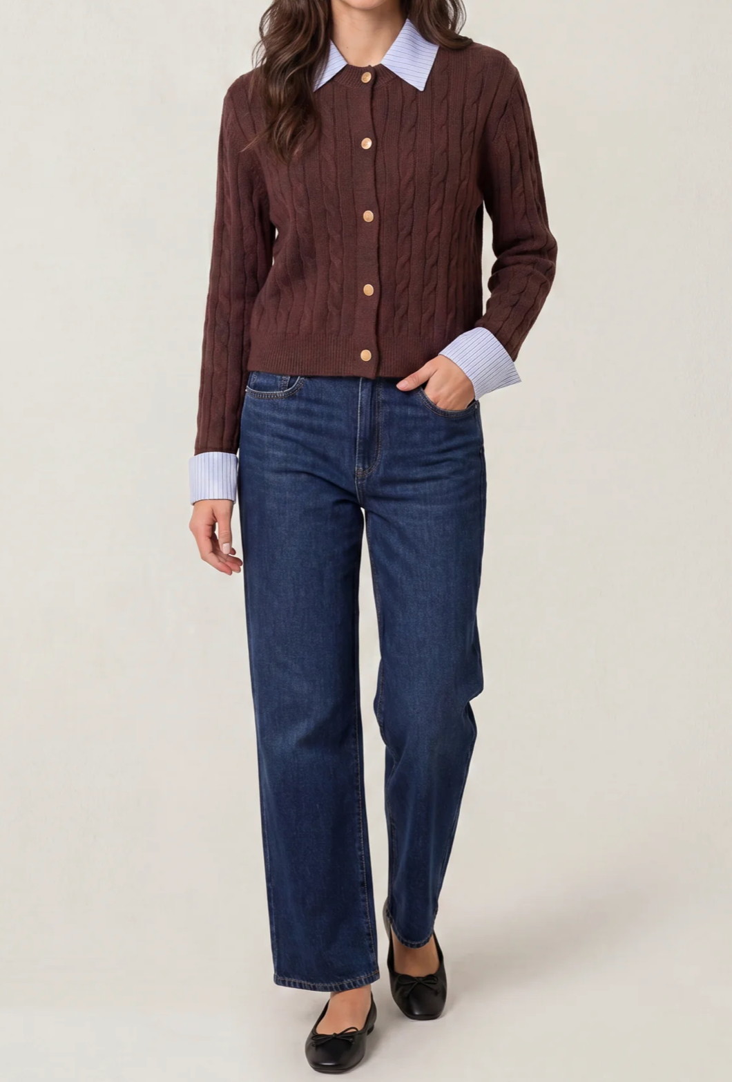Cable Knit Cardi With Shirt