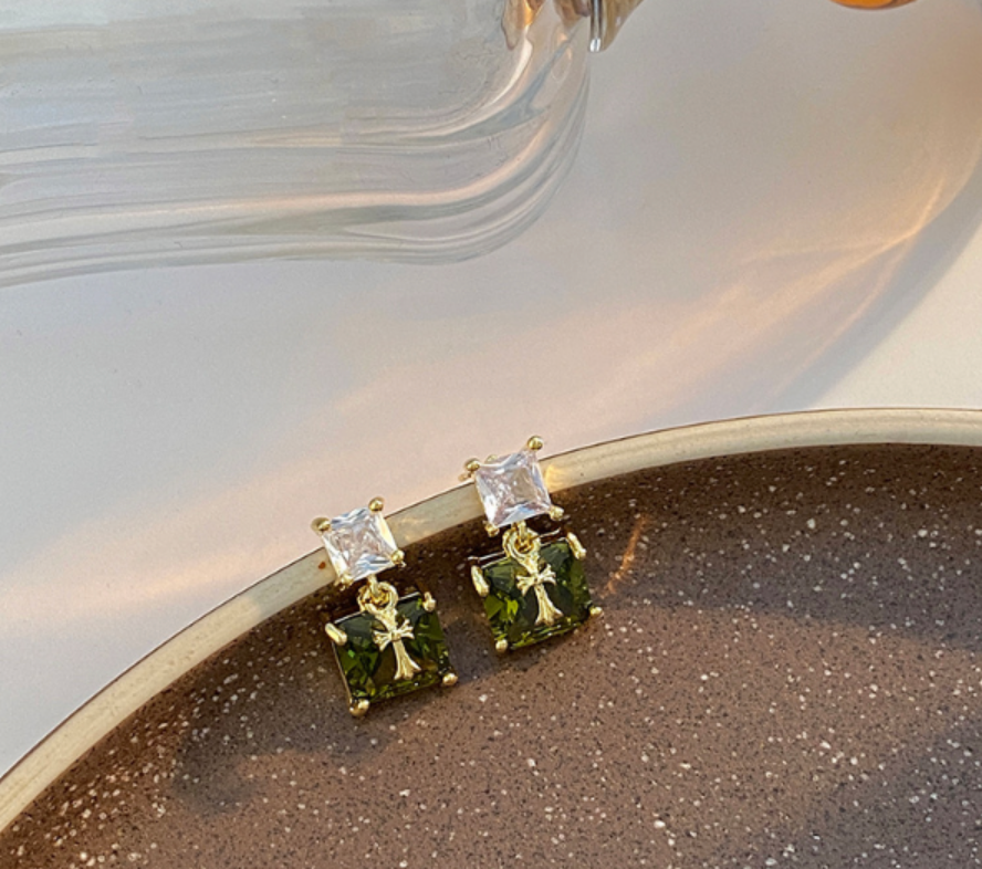 Cross Charm Gem Earrings