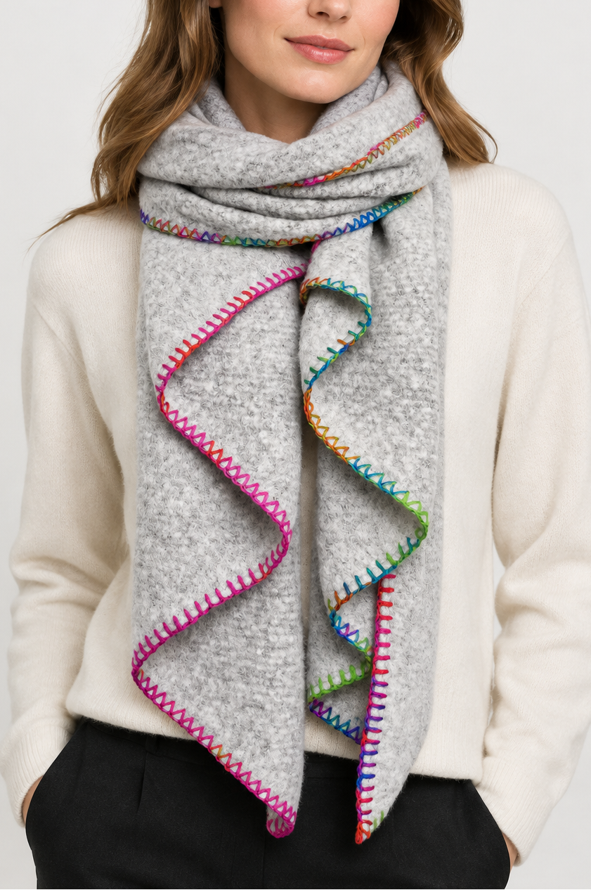 Plain Contrast Stitch Wool Edge Scarf