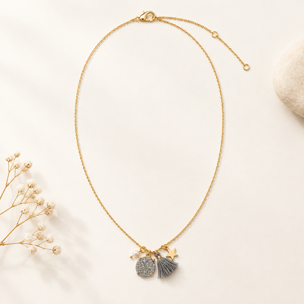 Round Druzy Pendant  Tassel Necklace