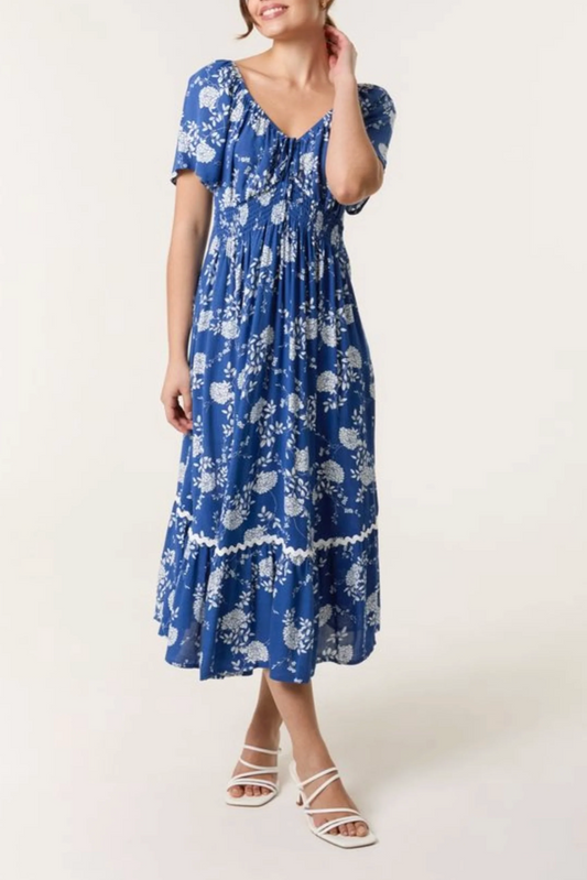 Peony Blue V Neck Dress
