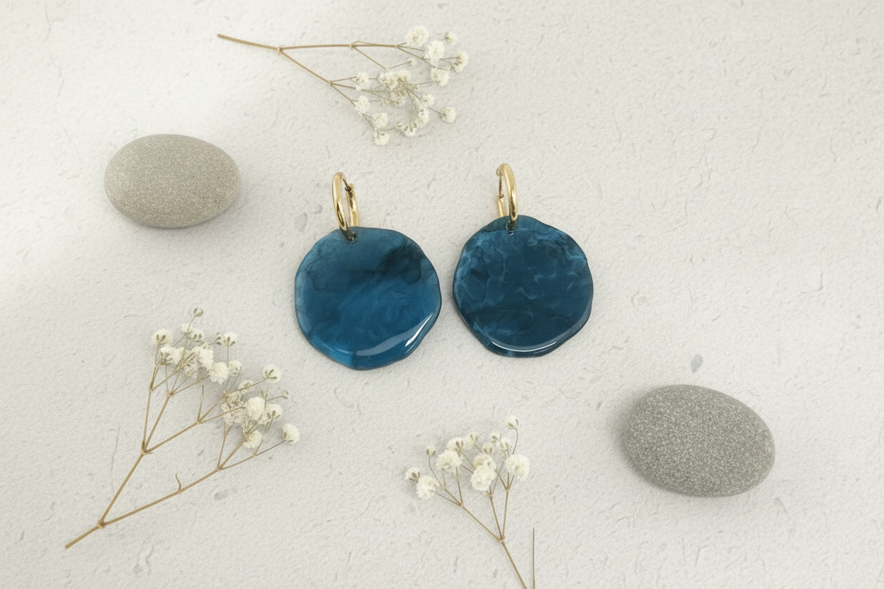 Blue Resin Circle Earrings