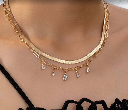 Snake & paperclip double chain droplet Necklace