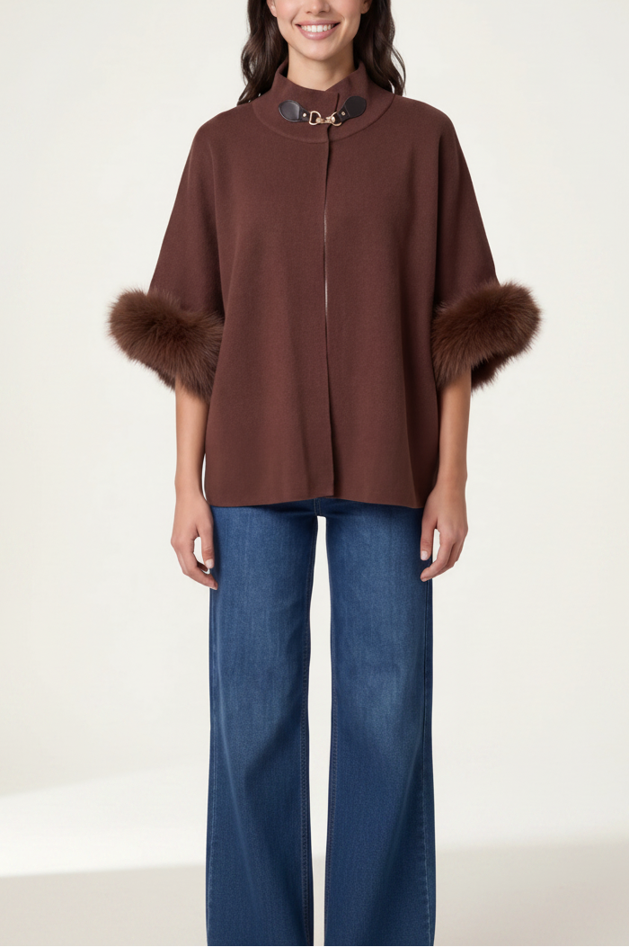 Fur Cuff Funnel Neck Poncho